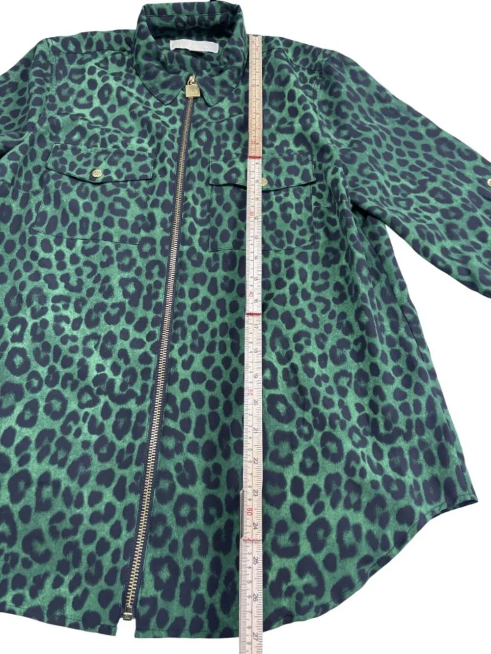 Michael Kors Womens Green & Black Leopard Print Zip-Up Jacket Size M